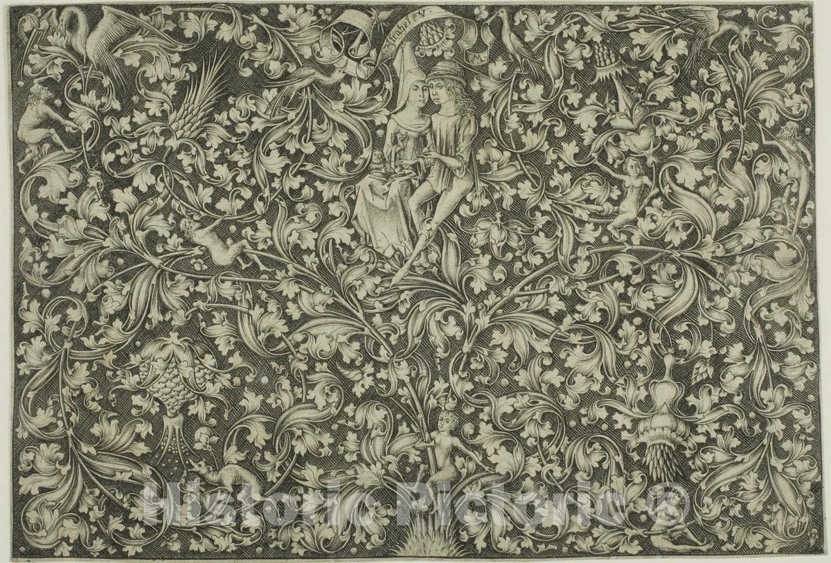 Art Print : Ornamental Panel With Two Lovers, Israhel Van Meckenem, c 1480, Vintage Wall Decor :