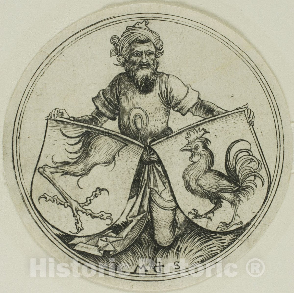 Art Print : Shield with a Griffins Foot and Shield with a Cock Held by a Moor, Martin Schongauer, c 1475, Vintage Wall Decor :
