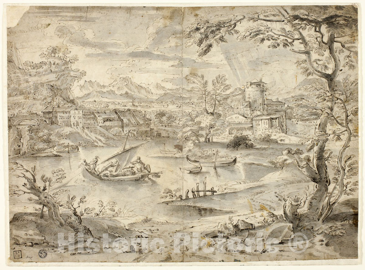 Art Print : View of City with Fishing Boat in Foreground, Paul Bril, c.1600, Vintage Wall Decor :