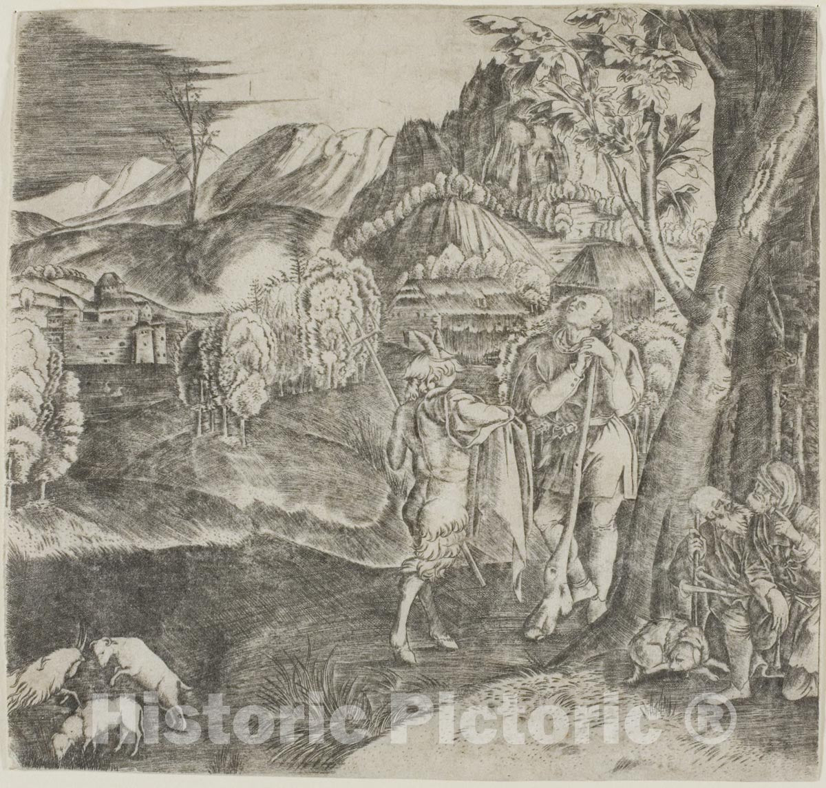 Art Print : Shepherds and Satyr in a Landscape, Agostino dei Musi, c.1521, Vintage Wall Decor :