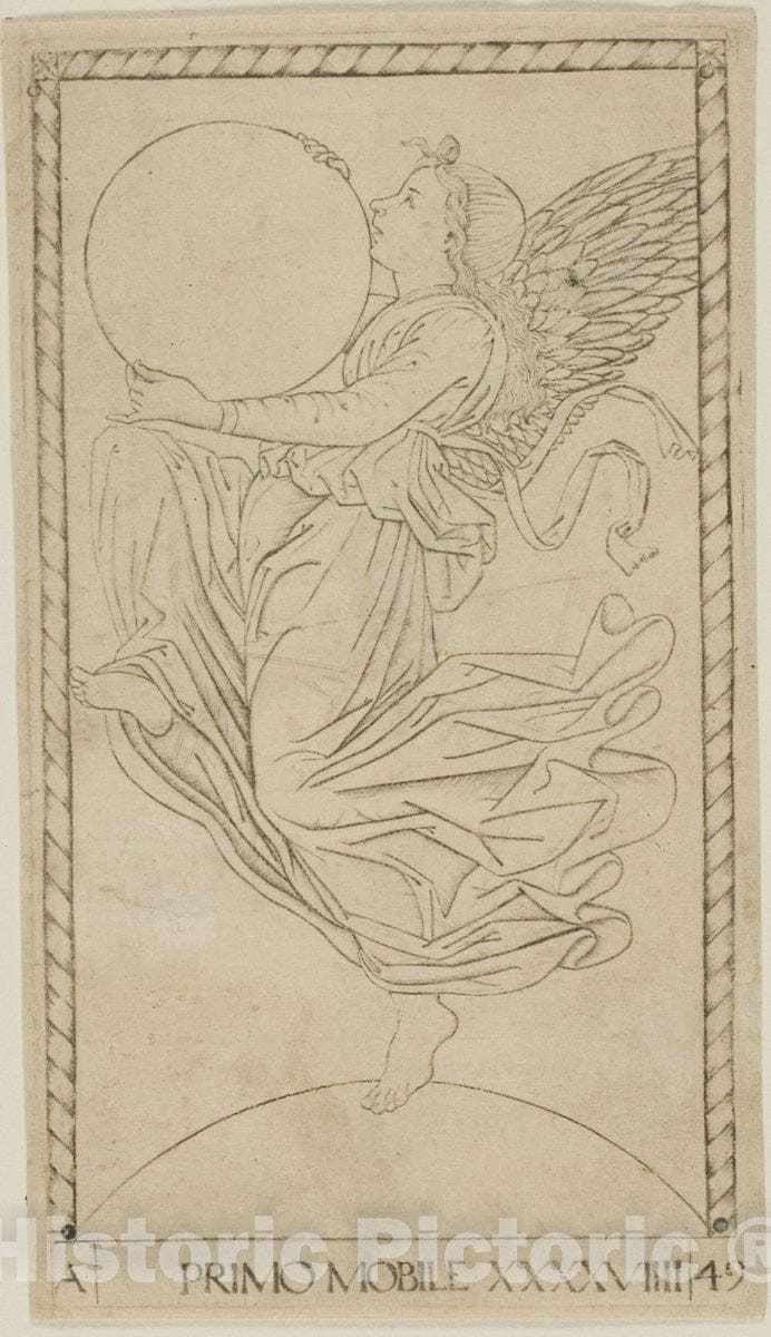 Art Print : The Angel of the Ninth Sphere, or Primum Mobile, plate forty-nine from Planets and Spheres, Master of the E-Series Tarocchi, c.1465, Vintage Wall Decor :