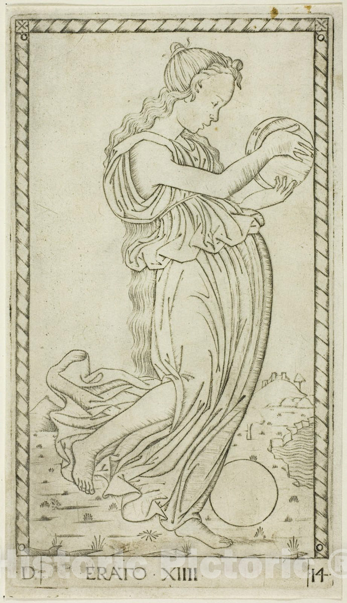 Art Print : Erato, plate fourteen from Apollo and the Muses, Master of the E-Series Tarocchi, c.1465, Vintage Wall Decor :