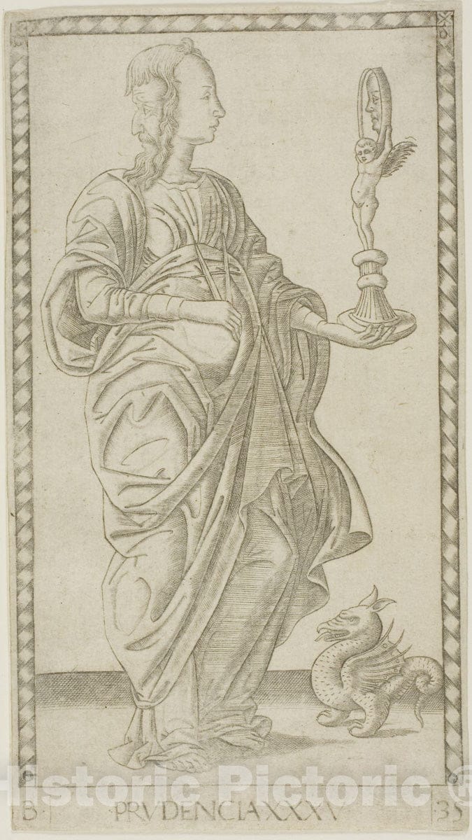 Art Print : Prudence, plate thirty-five from Genii and Virtues, Master of the E-Series Tarocchi, c.1465, Vintage Wall Decor :