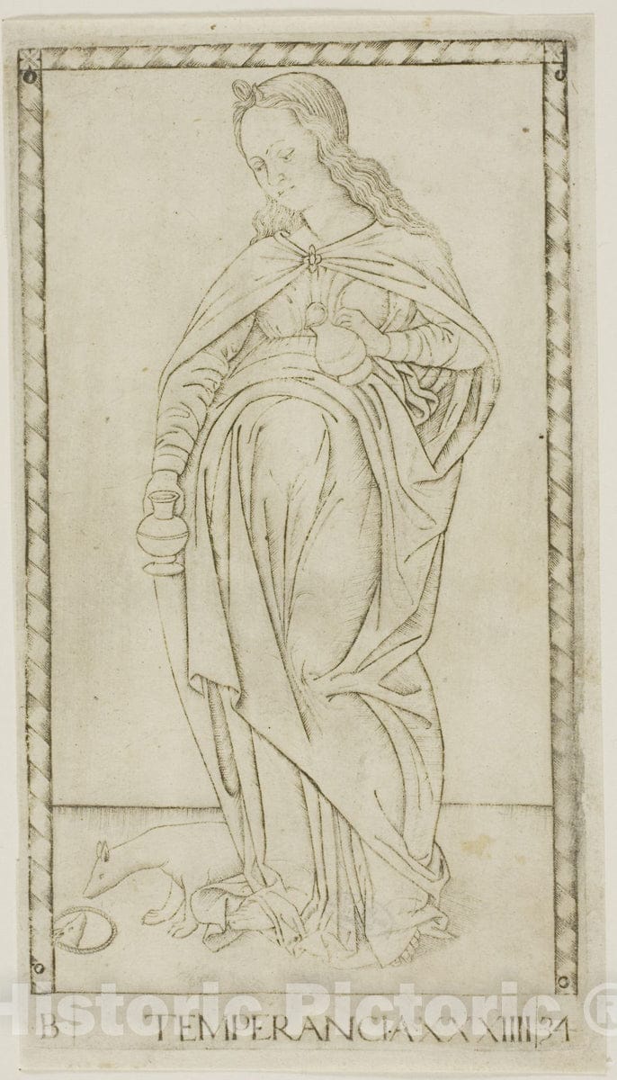 Art Print : Temperance, plate thirty-four from Genii and Virtues, Master of the E-Series Tarocchi, c.1465, Vintage Wall Decor :