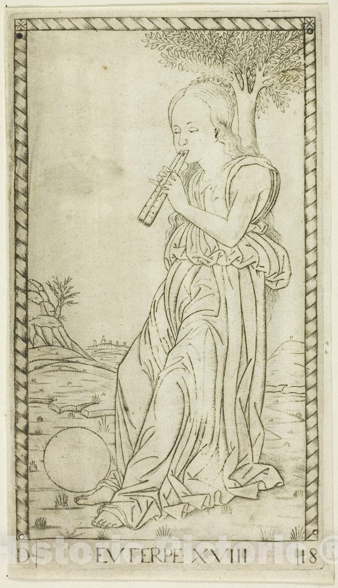 Art Print : Euterpe, plate eighteen from Apollo and the Muses, Master of the E-Series Tarocchi, c.1465, Vintage Wall Decor :