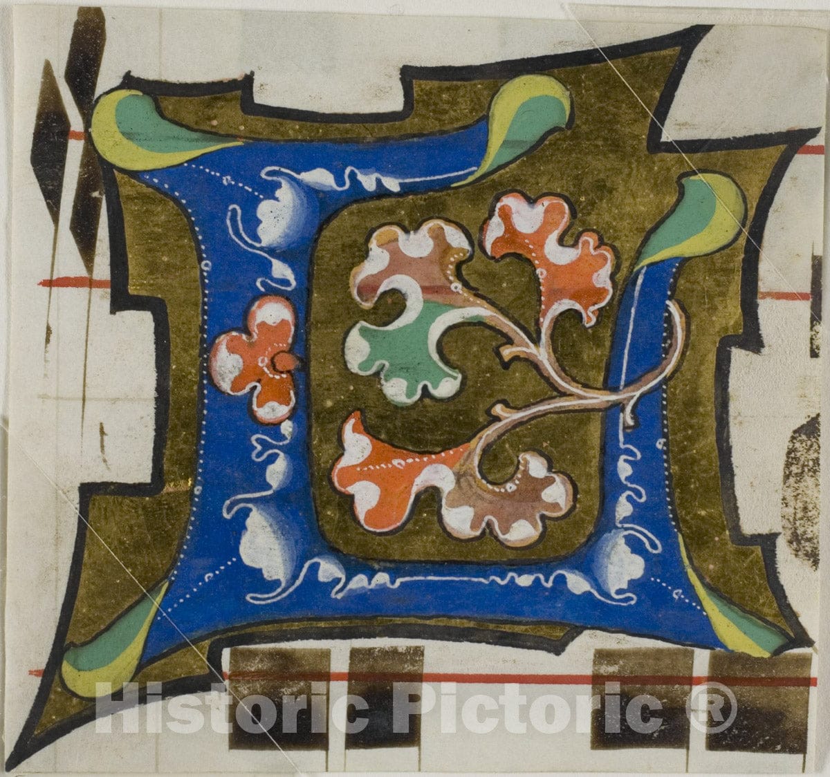 Art Print : Decorated Initial "L" with Flowers from a Choir Book, c.1350, Vintage Wall Decor :
