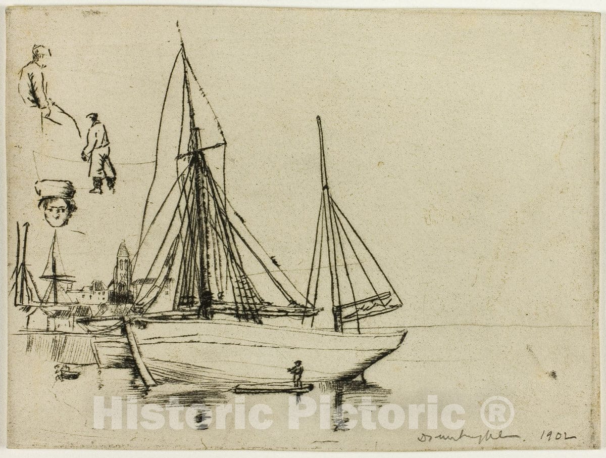 Art Print : Sketch of Fishing Boats and Sailors, Donald Shaw MacLaughlan, 1902, Vintage Wall Decor :