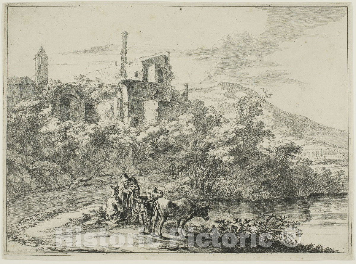 Art Print : Landscape with Ruins and Two Cows at the Waterside, from a series of four horizontal Roman Landscapes, Jan Both, c 1648, Vintage Wall Decor :
