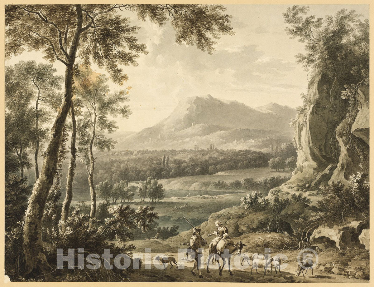 Art Print : Italianate Landscape with Traveling Peasants in Foreground, Frederick de Moucheron, c 1700, Vintage Wall Decor :