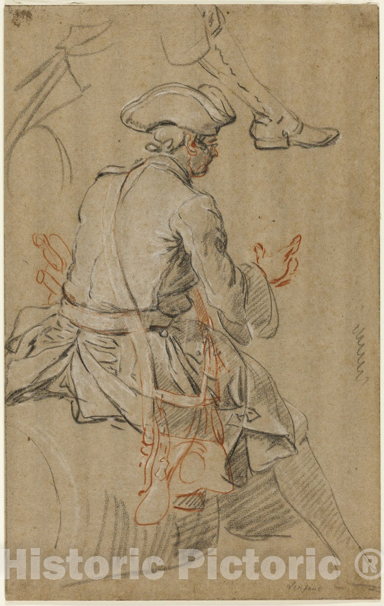 Art Print : Sketch of Man on Horseback, with Separate Sketch of his Right Foot, Pierre Lenfant, c.1756, Vintage Wall Decor :
