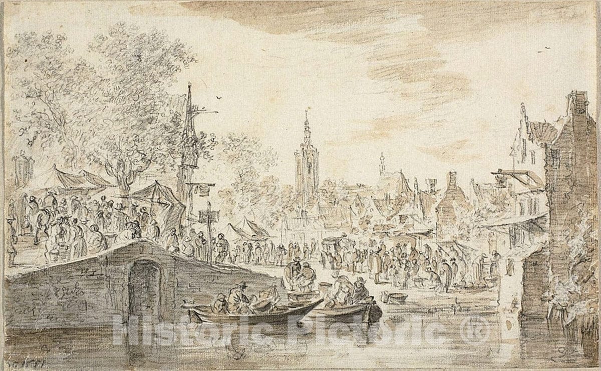 Art Print : Market near a Canal, Jan Van Goyen, c.1654, Vintage Wall Decor :
