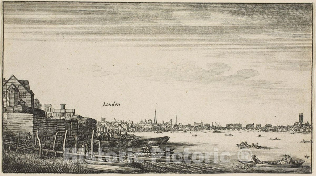 Art Print : London Viewed from the Thames River at Milford Staris Below Arundel House, Wenceslaus Hollar, c.1644, Vintage Wall Decor :