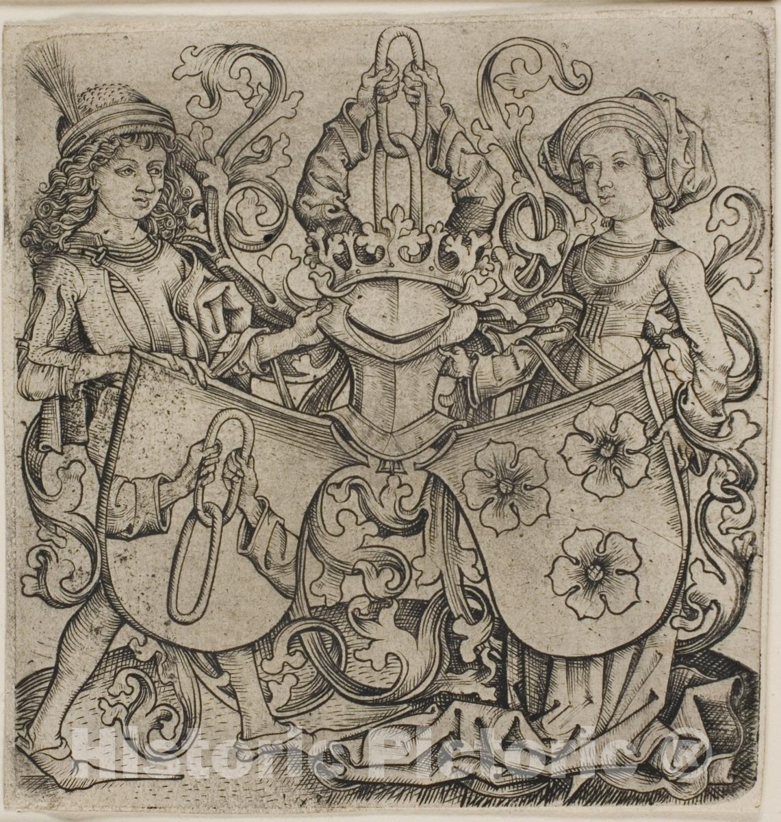Art Print : Coat of Arms of Rohrbach and Eilge von Holzhausen, Master B x g, c.1478, Vintage Wall Decor :