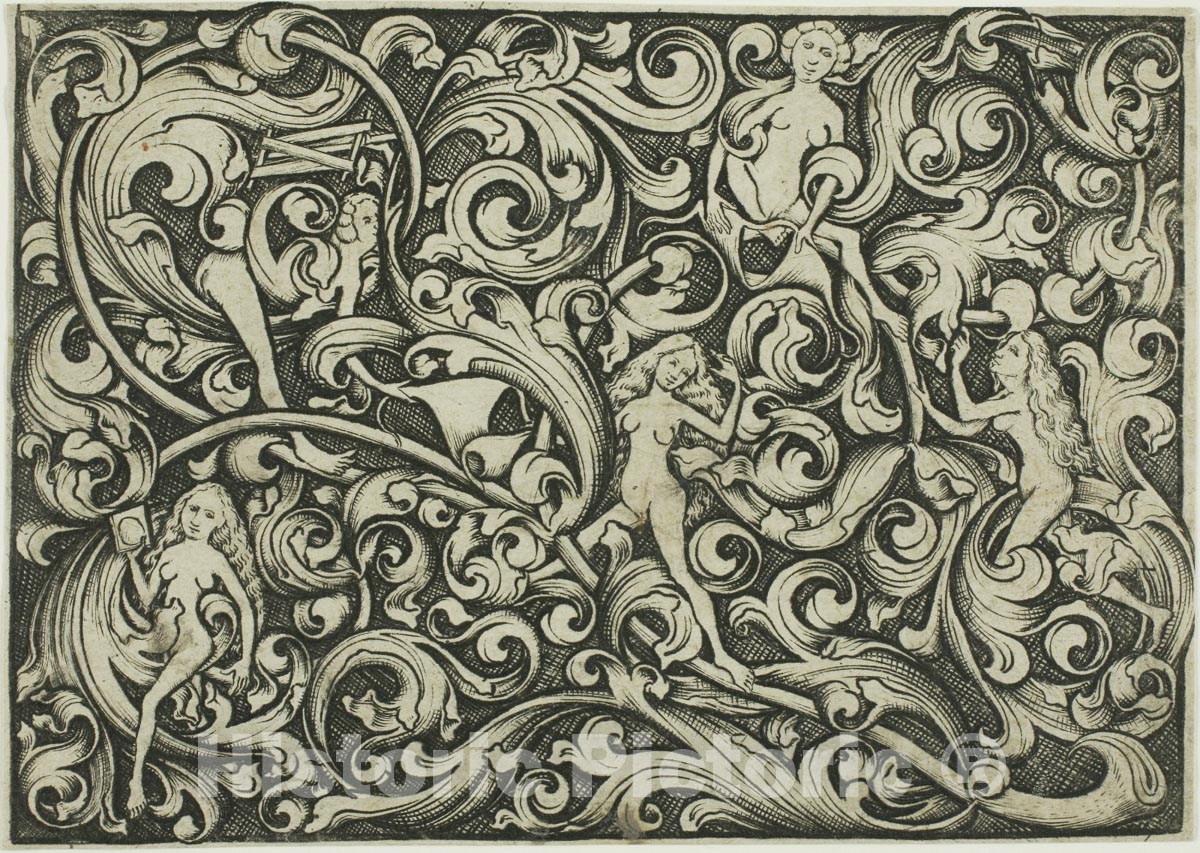 Art Print : Ornament with Women Fighting, Master E.S., c.1460, Vintage Wall Decor :
