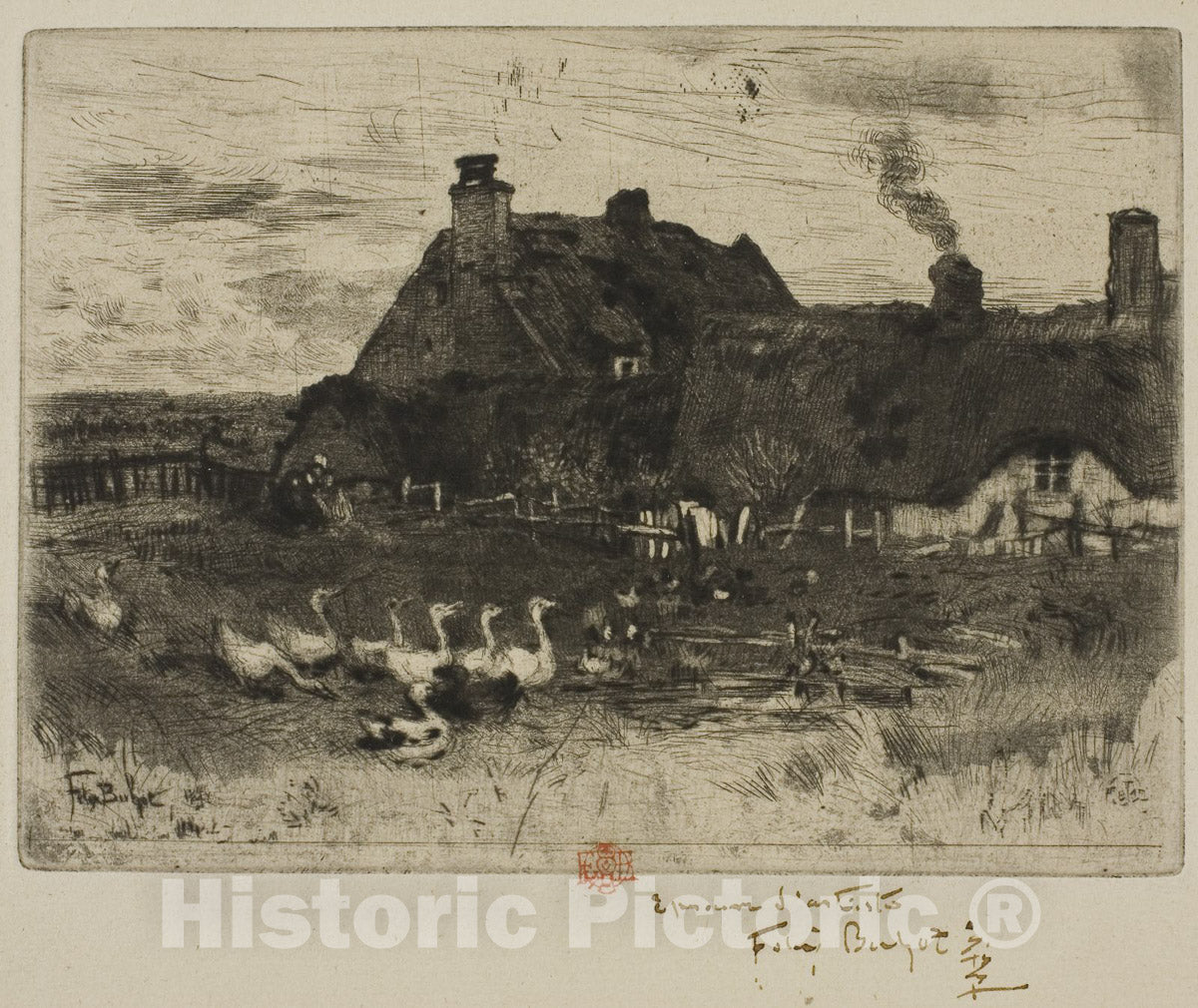 Art Print : The Little Thatched Cottages, Felix Hilaire Buhot, 1878, Vintage Wall Decor :