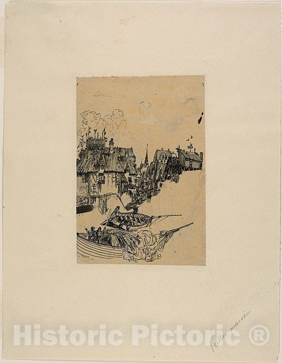 Art Print : Old Houses and Fishing Boats, Rodolphe Bresdin, c.1865, Vintage Wall Decor :