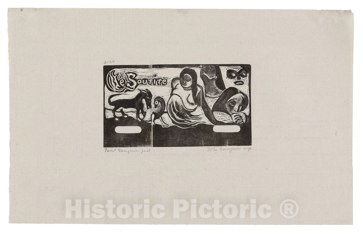 Art Print : Three People, a Mask, a Fox and a Bird, headpiece forLe sourire, Paul Gauguin, c 1899, Vintage Wall Decor :