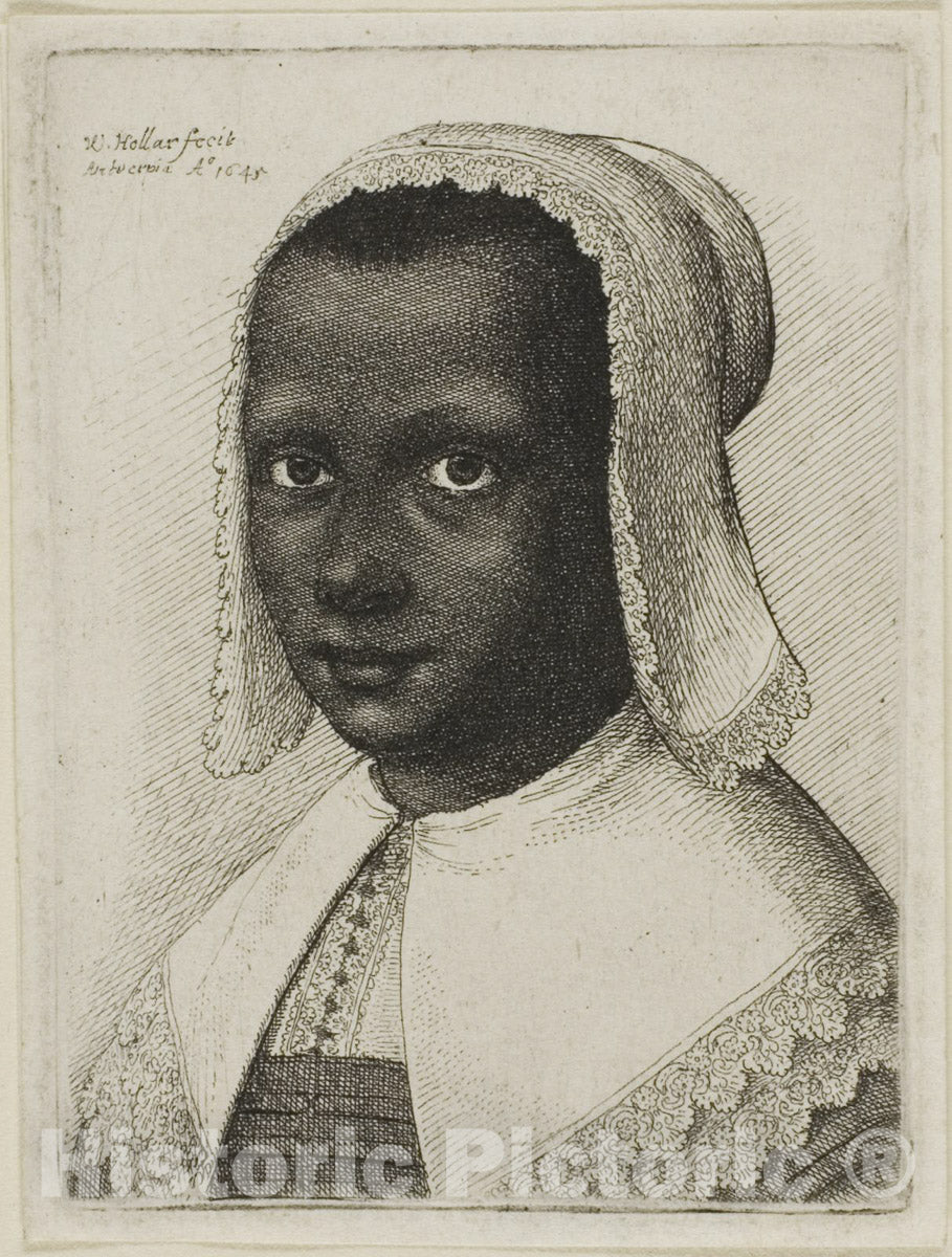 Art Print : Head of a Black Woman with a Lace Kerchief Hat, Wenceslaus Hollar, 1645, Vintage Wall Decor :