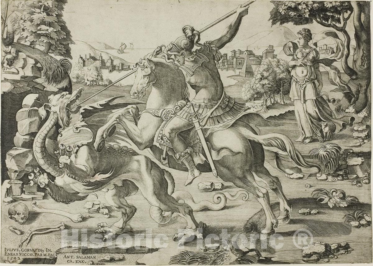 Art Print : Saint George and the Dragon, Enea Vico, 1542, Vintage Wall Decor :
