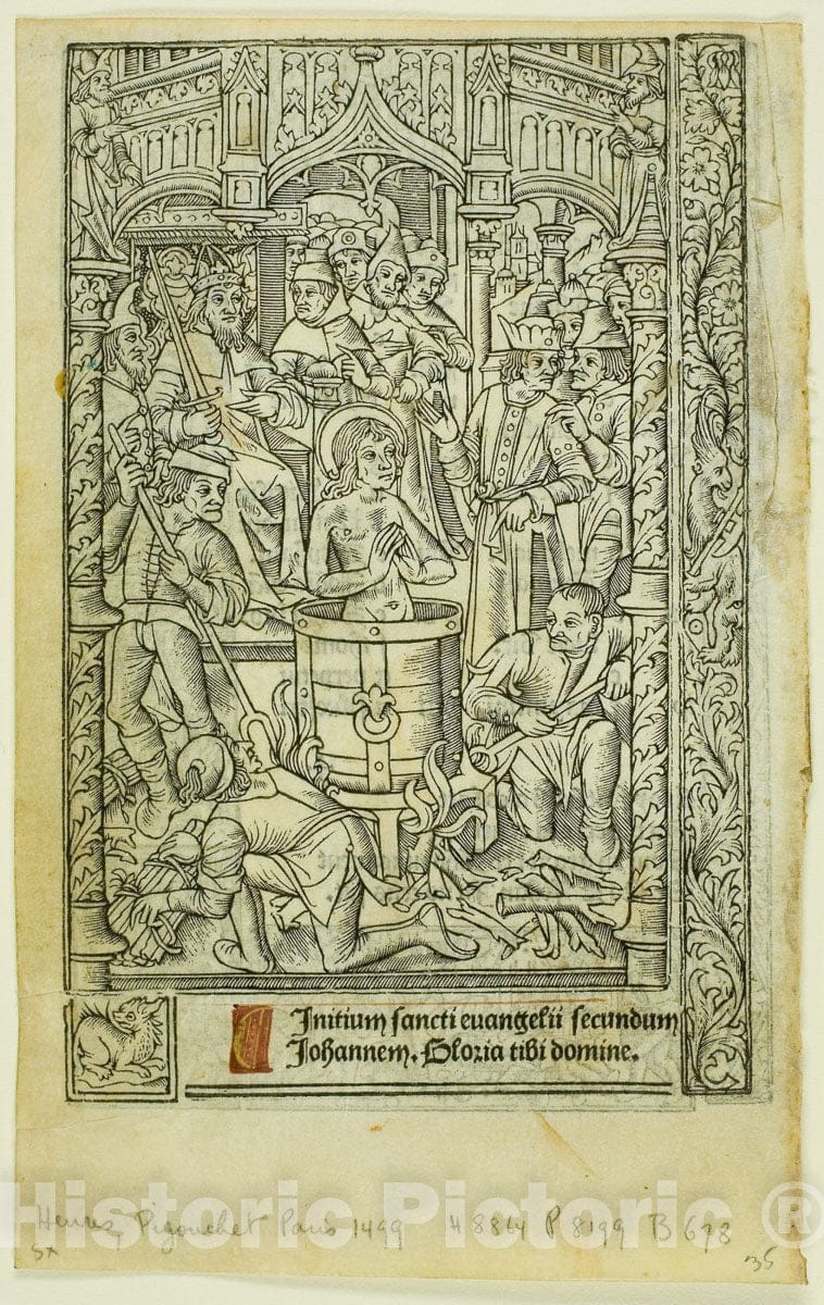 Art Print : The Martyrdom of Saint John the Evangelist (recto), and December Calendar (verso), from Book of Hours, Philippe Pigouchet, c.1497, Vintage Wall Decor :
