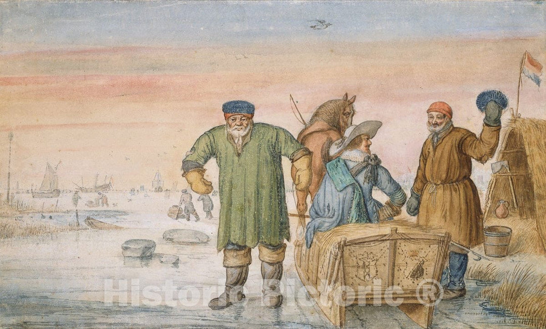 Art Print : Two Old Men beside a Sled Bearing the Coats of Arms of Amsterdam and Utrecht, Hendric Avercamp, c.1627, Vintage Wall Decor :