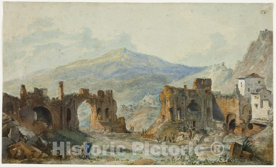 Art Print : The Ancient Theater at Taormina with a View of Mount Etna, Louis FranÃ§ois Cassas, c.1805, Vintage Wall Decor :