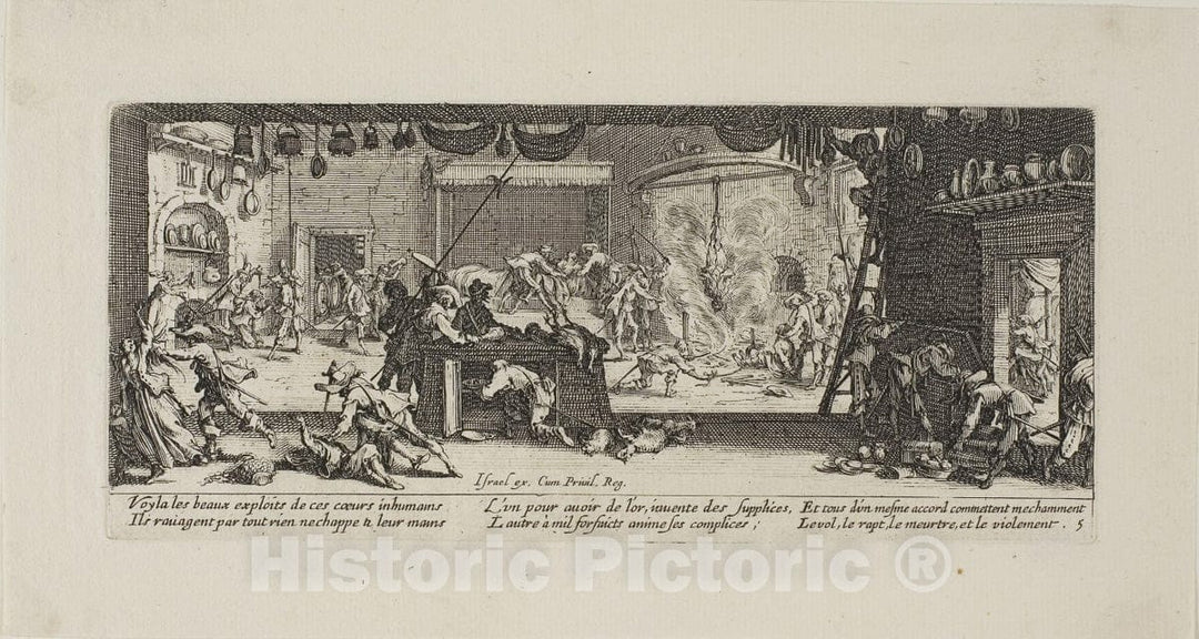 Art Print : Plundering a Large Farmhouse, plate five from The Miseries of War, Jacques Callot, c 1633, Vintage Wall Decor :