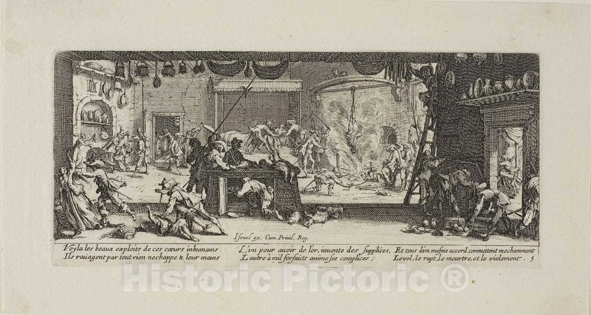 Art Print : Plundering a Large Farmhouse, plate five from The Miseries of War, Jacques Callot, c 1633, Vintage Wall Decor :