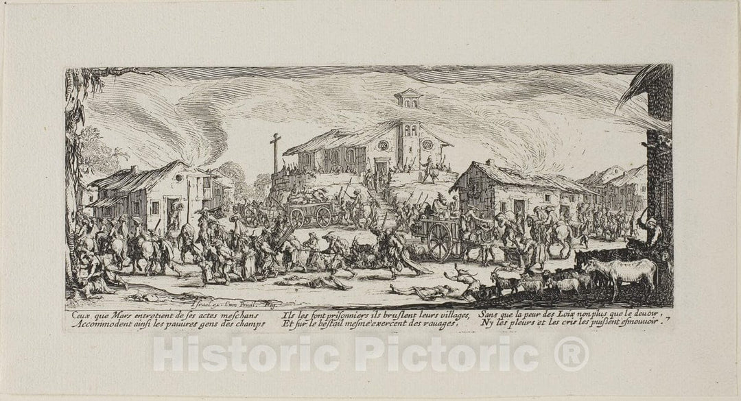 Art Print : Plundering and Burning a Village, plate seven from The Miseries of War, Jacques Callot, c 1633, Vintage Wall Decor :