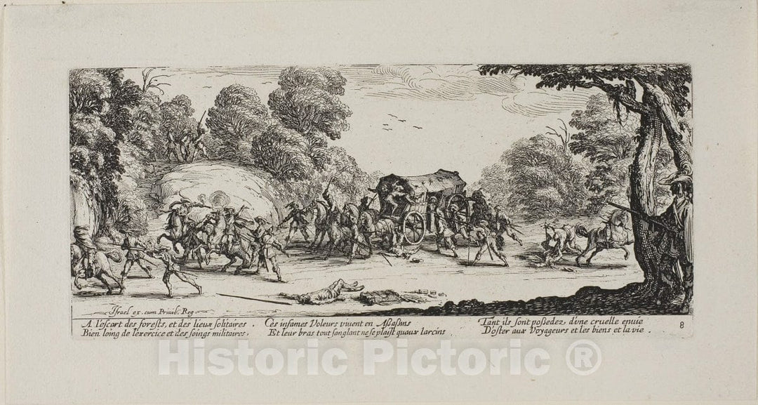 Art Print : Attack on the Coach, plate eight from The Miseries of War, Jacques Callot, c 1633, Vintage Wall Decor :