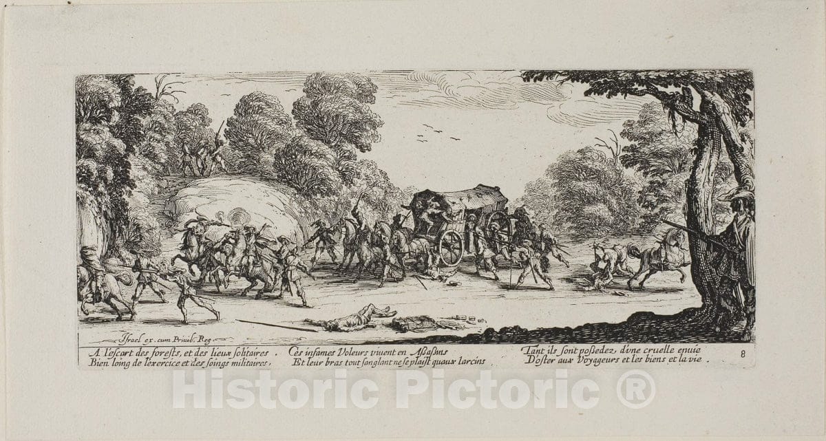 Art Print : Attack on the Coach, plate eight from The Miseries of War, Jacques Callot, c 1633, Vintage Wall Decor :