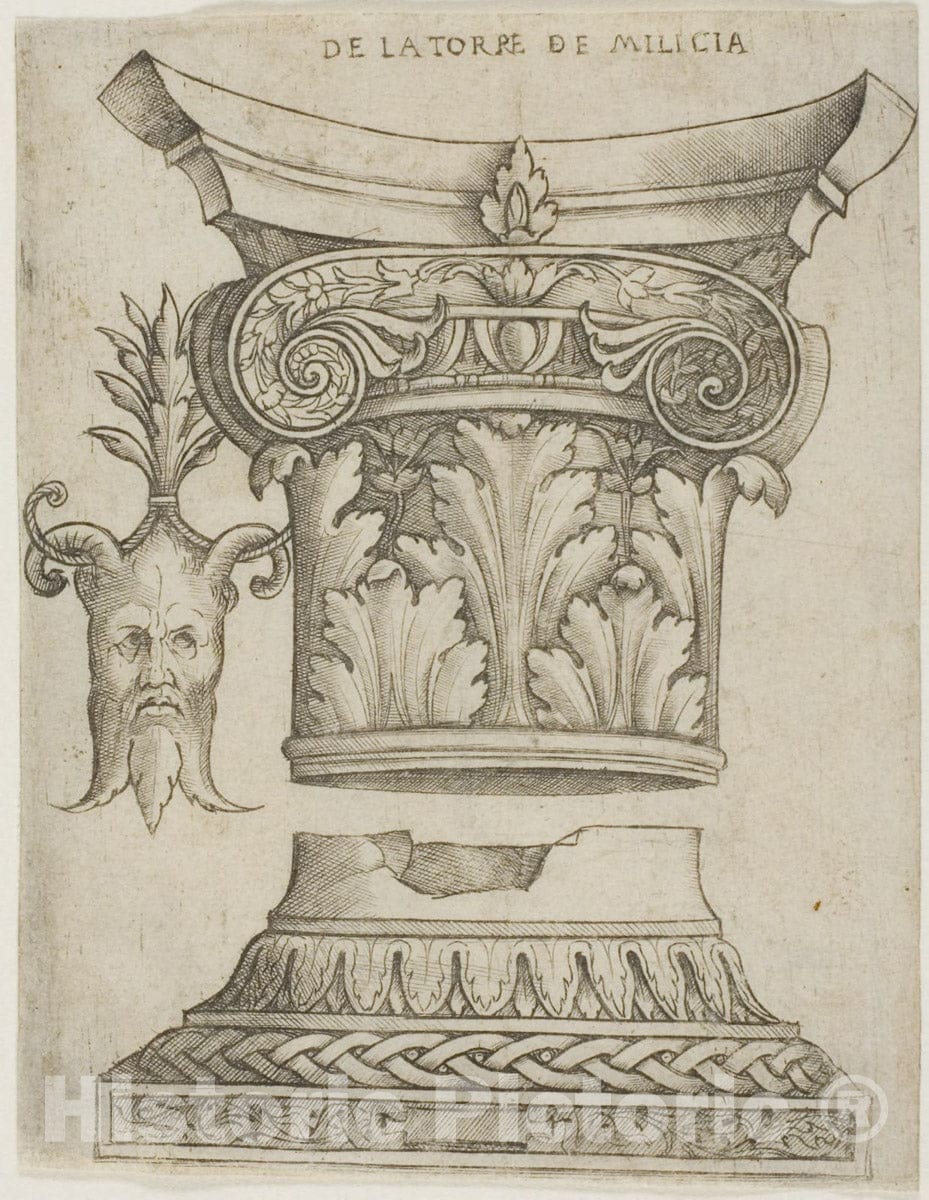 Art Print : Architectural Details: Base, Capital, and Mask, Giovanni Antonio da Brescia, c.1518, Vintage Wall Decor :