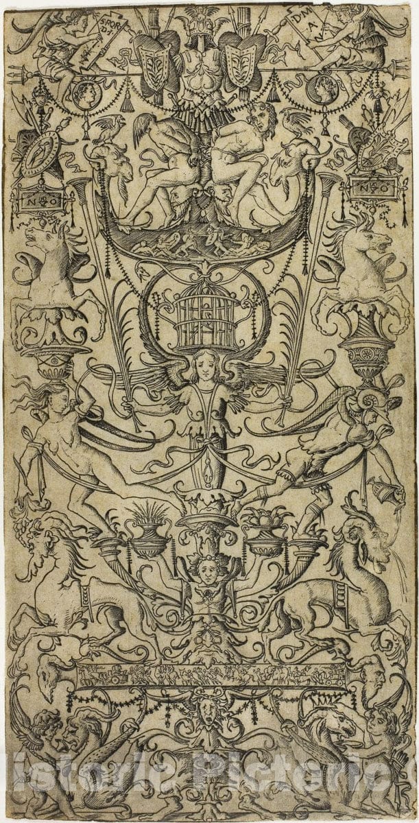 Art Print : Panel of Ornament with a Birdcage, Nicoletto da Modena, c.1507, Vintage Wall Decor :