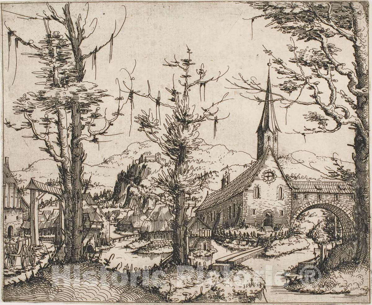 Art Print : Landscape with a Church and Covered Bridge, Augustin Hirschvogel, c.1892, Vintage Wall Decor :