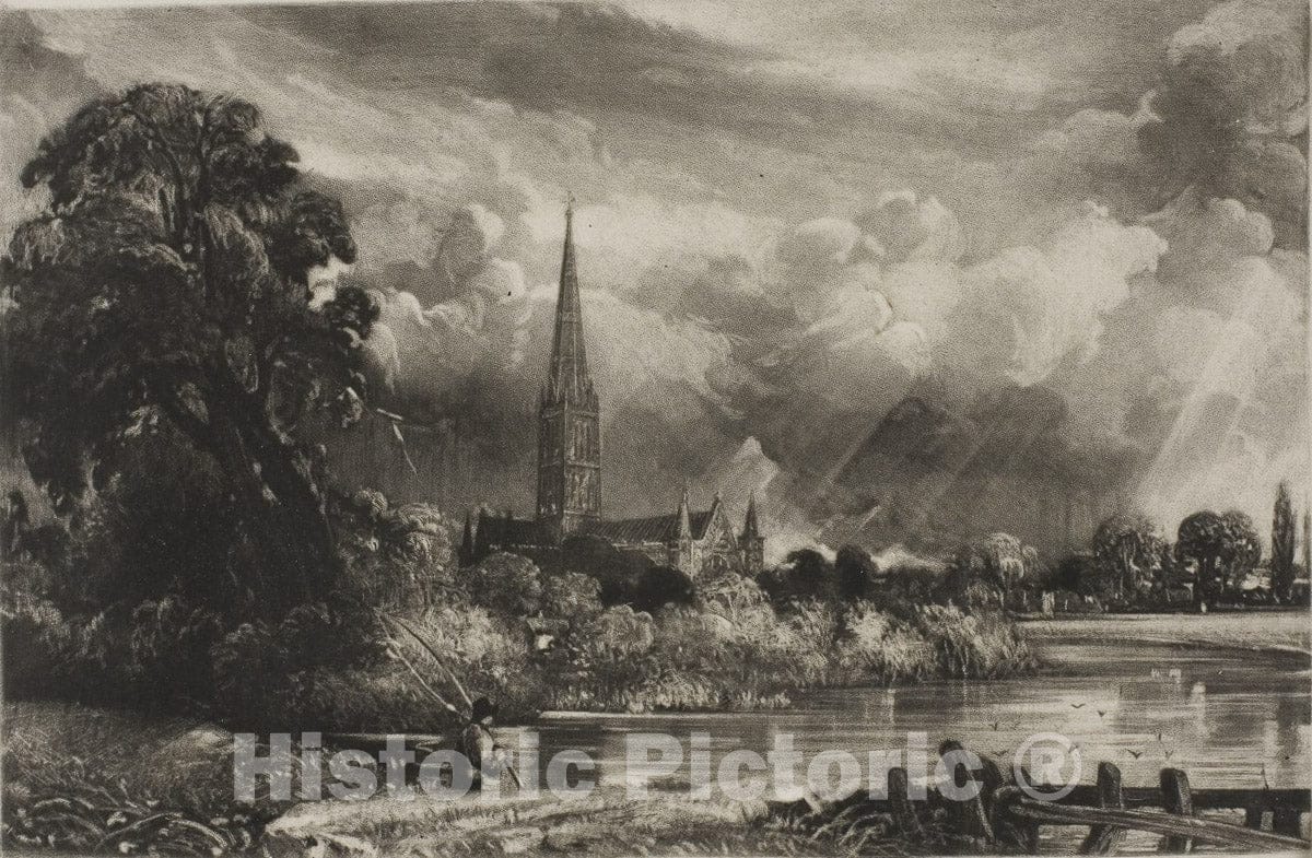 Art Print : Salisbury Cathedral, David Lucas, c 1833, Vintage Wall Decor :