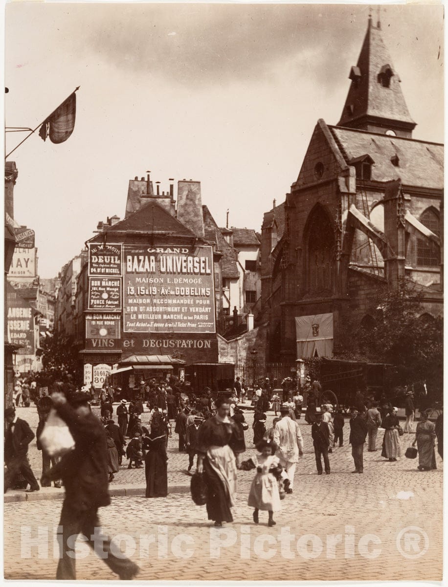 Photo Print : Eugène Atget - Small Market in Front of The Church in Place Saint-Médard : Vintage Wall Art