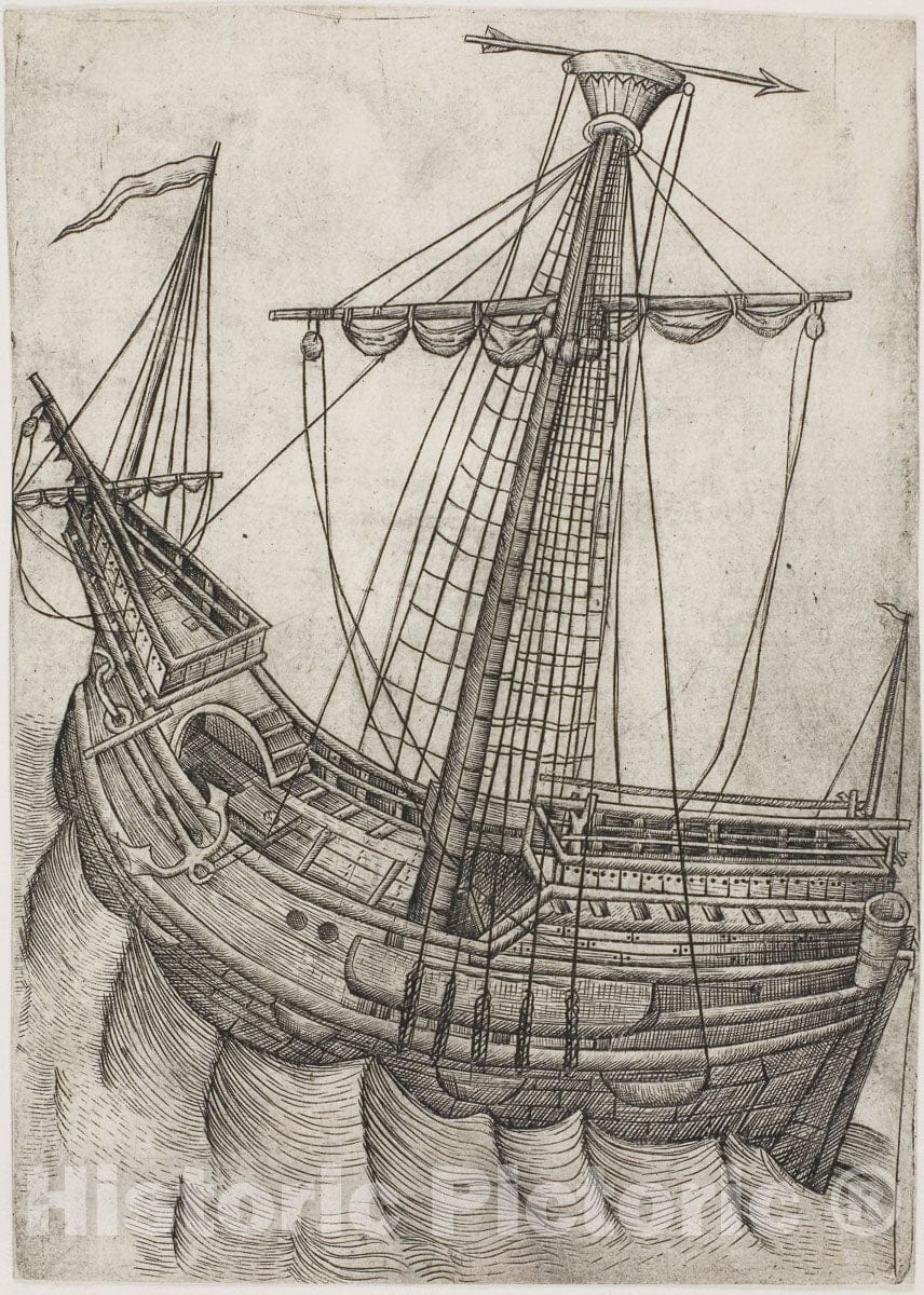 Art Print : Ship with Sails Furled and Arrow Pointing to the Right, Master W with the Key, c.1696, Vintage Wall Decor :
