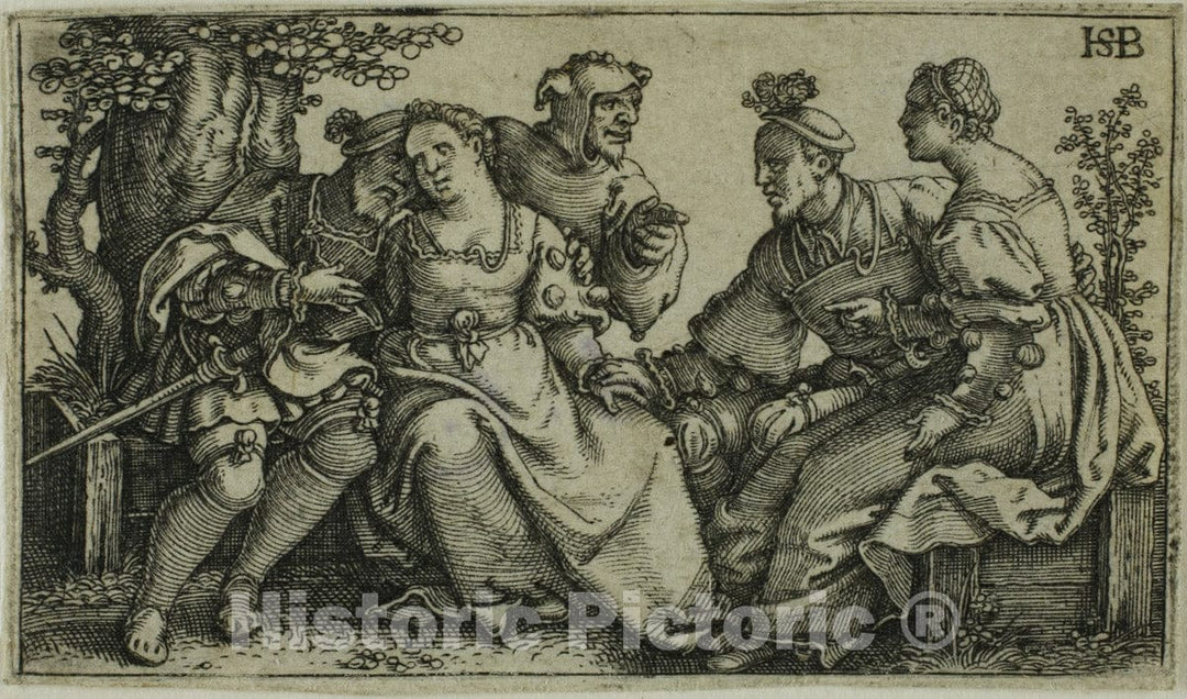 Art Print : Two Couples and the Buffoon, Hans Sebald Beham, c 1520, Vintage Wall Decor :