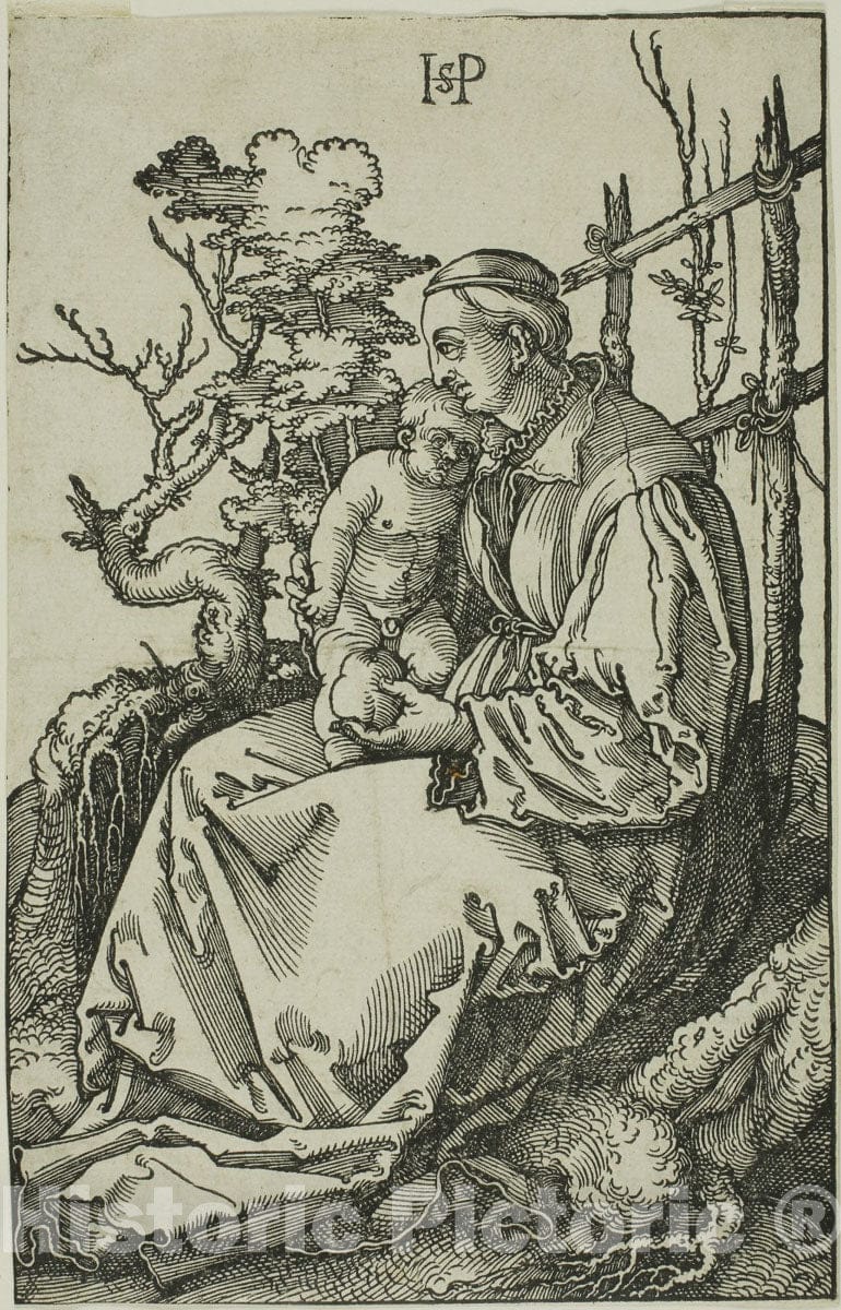 Art Print : The Virgin with the Pear and Child on the Bank, Hans Sebald Beham, c.1510, Vintage Wall Decor :