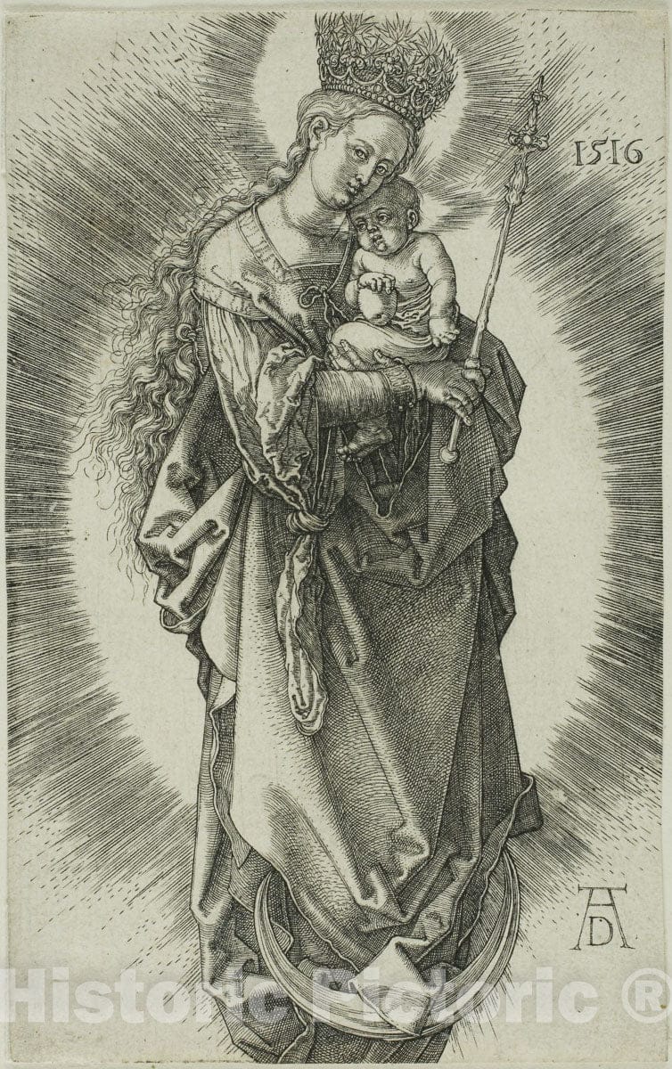 Art Print : The Virgin on a Crescent with a Crown of Stars and a Scepter, Albrecht DÃ¼rer, c.1508, Vintage Wall Decor :