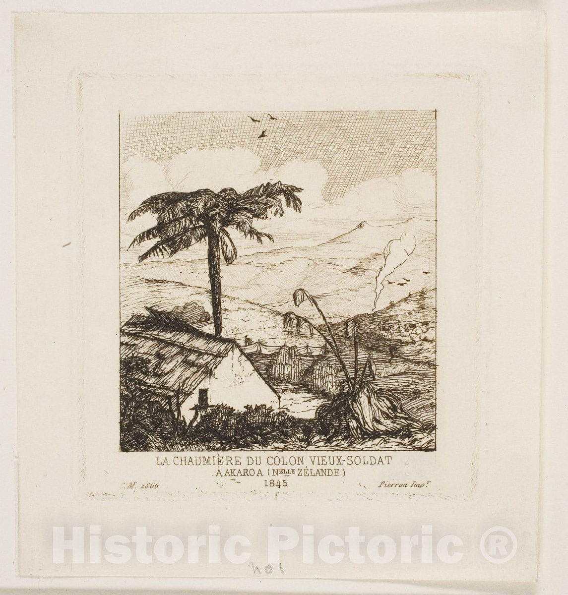 Art Print : The Old Soldiers Thatched Cottage, Akaroa, 1845, Charles Meryon, c 1922, Vintage Wall Decor :