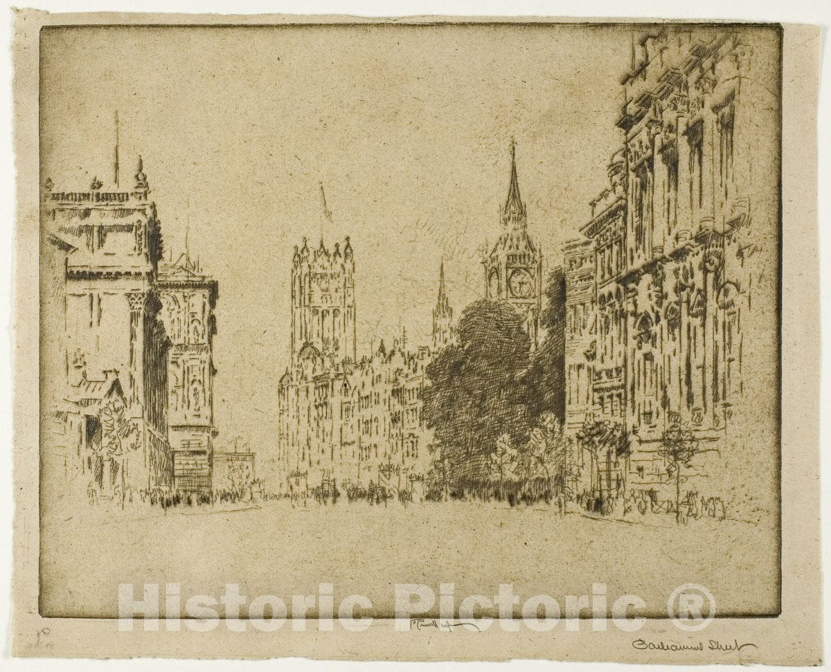 Art Print : Parliament Street, Westminster, Joseph Pennell, c 1735, Vintage Wall Decor :
