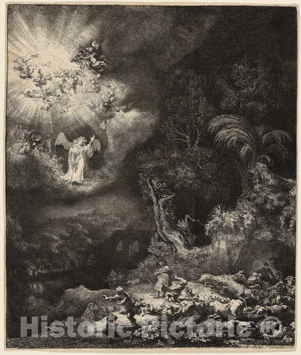 Art Print : The Angel Appearing to the Shepherds, Rembrandt Harmenszoon Van Rijn, c 1954, Vintage Wall Decor :