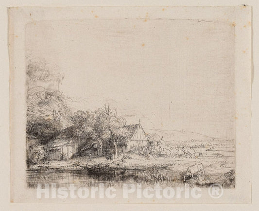 Art Print : Landscape with a Cow Drinking, Rembrandt Harmenszoon Van Rijn, c 1860, Vintage Wall Decor :