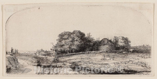 Art Print : Cottages and a Hay Barn on the Diemerdijk with a Flock of Sheep, Rembrandt Harmenszoon Van Rijn, c 1855, Vintage Wall Decor :