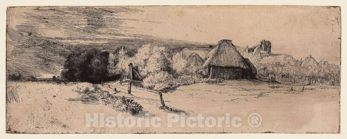 Art Print : Landscape with a Farm Building and the "House with the Tower", Rembrandt Harmenszoon Van Rijn, c 1875, Vintage Wall Decor :