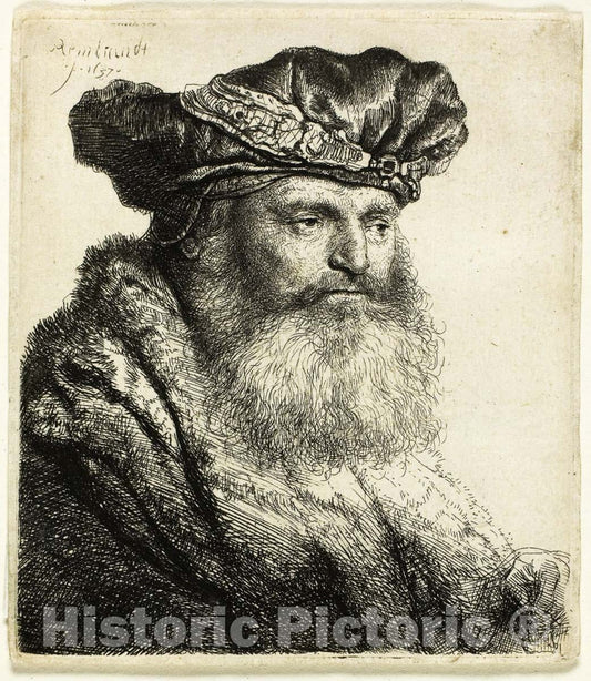 Art Print : Bearded Man in a Velvet Cap with Jewel Clasp, Rembrandt Harmenszoon Van Rijn, c 1787, Vintage Wall Decor :