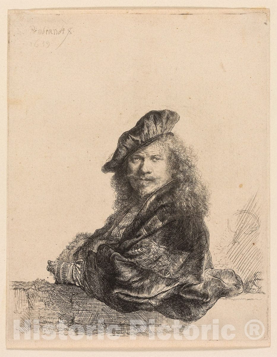 Art Print : Self-Portrait Leaning on a Stone Sill, Rembrandt Harmenszoon Van Rijn, c 1865, Vintage Wall Decor :