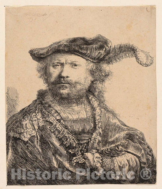 Art Print : Self-Portrait in a Velvet Cap with Plume, Rembrandt Harmenszoon Van Rijn, c 1735, Vintage Wall Decor :
