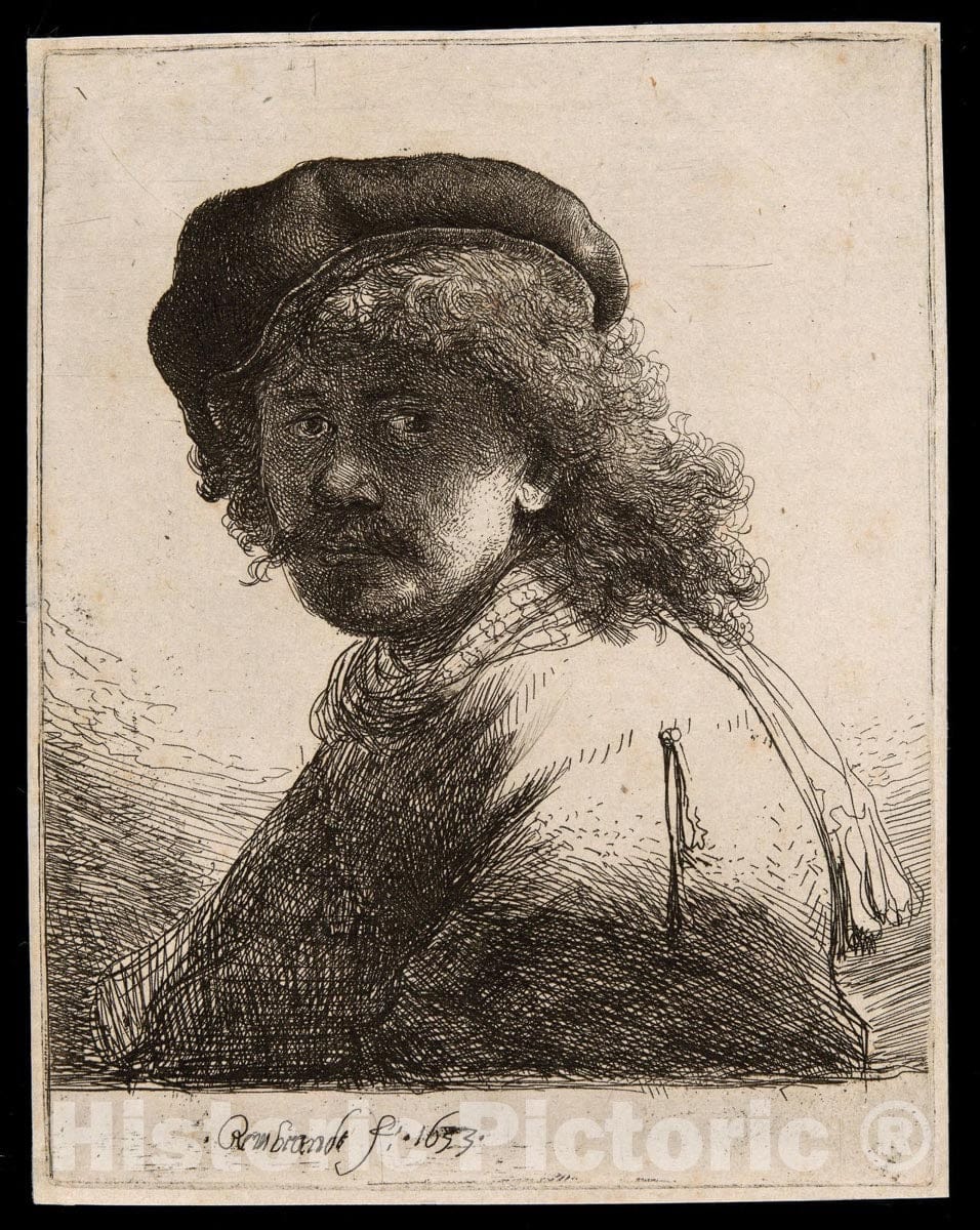 Art Print : Self-Portrait in a Cap and Scarf with the Face Dark: Bust, Rembrandt Harmenszoon Van Rijn, c.1904, Vintage Wall Decor :